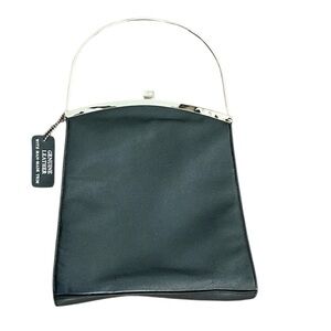 Vintage Genuine Leather Black with Silver Wire Handle Frame Handbag Clutch Purse
